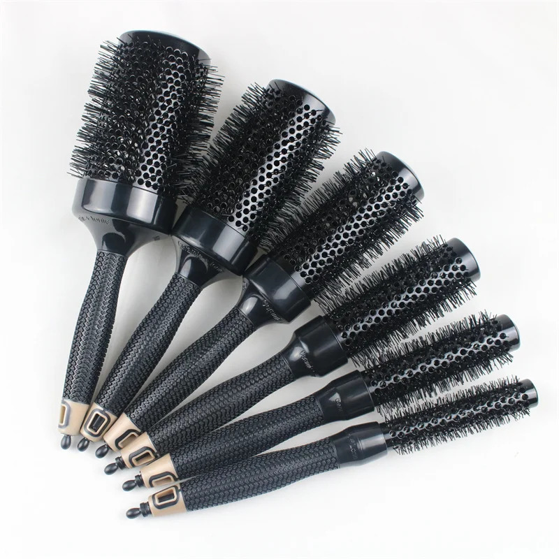 6 Pieces/Set Of Black Pig Mane Round Comb Professional Brush Anti-Static Hair Salon Styling Tool Y260107