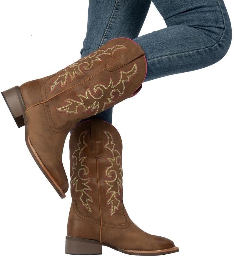 2025 New women's designer shoes fashionable denim boots with square toe designer boots wide middle tube western women's denim booties