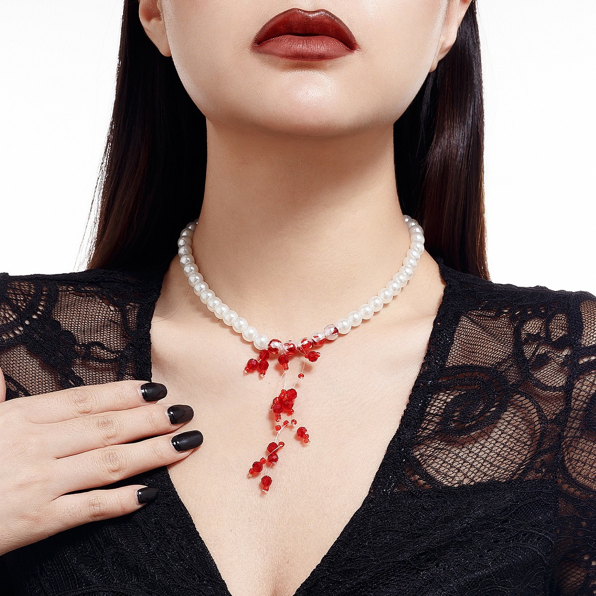 European and American Cross-border Jewelry Gothic Style Pearl Necklace Choker Halloween Blood Drop Tassel Crystal Collarbone Chain