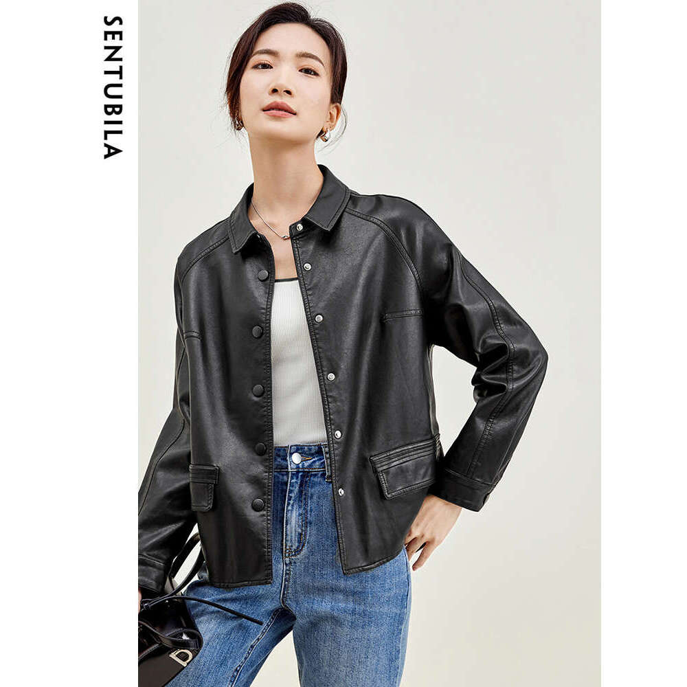 Black Faux Women Shacket 2024 Autumn Winter Outerwear Pu Leather Button Up Shirt Jacket Coat W33g49948