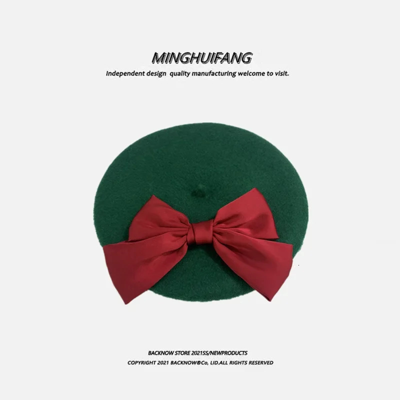 Japanese Wool Big Bow Beret Female Korean Version Autumn and Winter Wild Retro for Feeling Painter Hat 241009