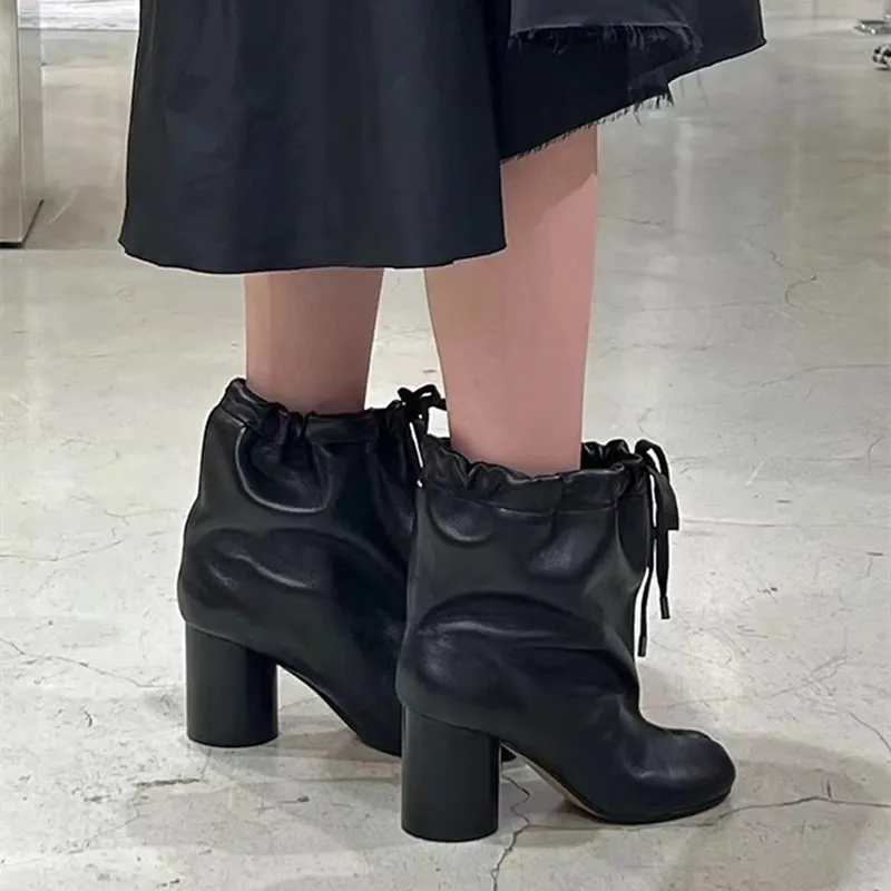 Ins Style Fashion Split Toe Tabi Women Ankle Boots Autumn Winter Real Leather Thick High Heels Booties Casual Chunky Shoes