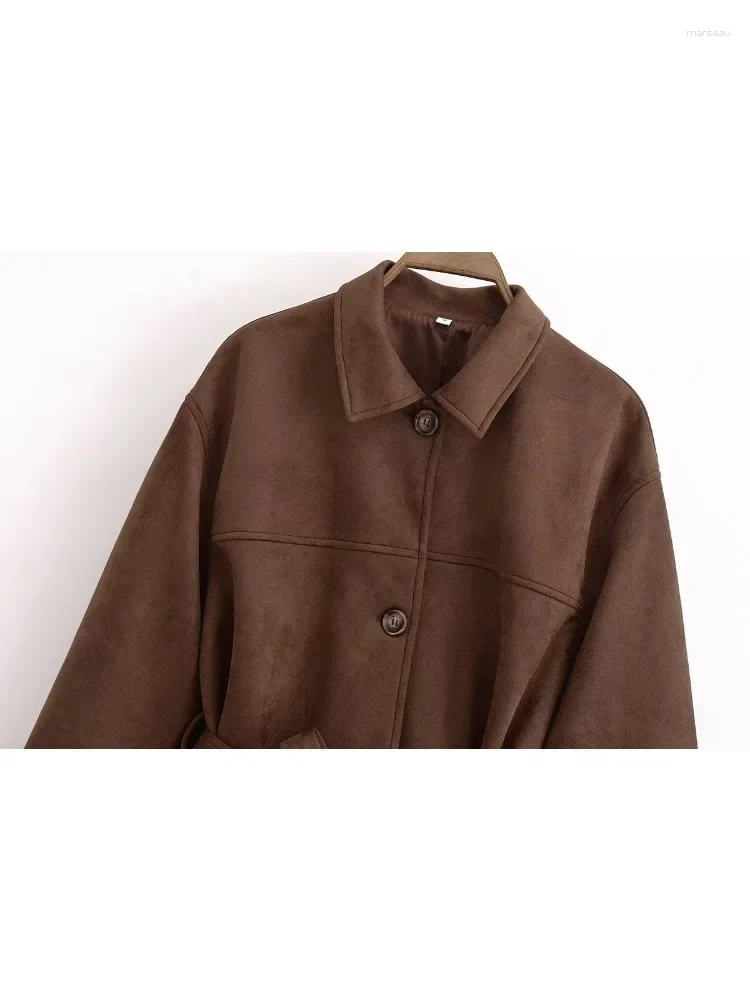 Women's Jackets Fashion Women Belt Suede Jacket Single Button Long Sleeve Crop Coat Casual Brown Lapel Pocket Leather 2024 Outwear