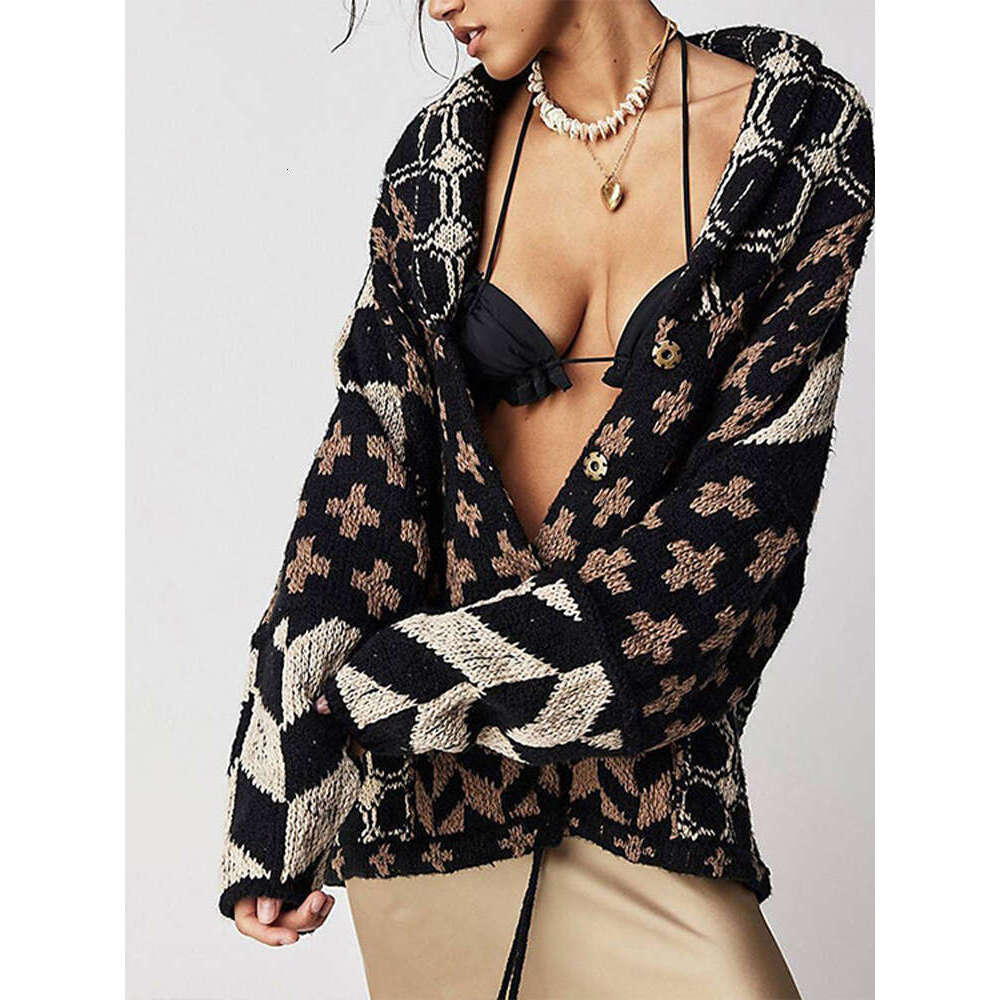 Women Print Knit Sweater Vintage Loose V-Neck Long Sleeve Cardigan Female Single-Breasted Jacket 2024 Autumn New Lady Outwears