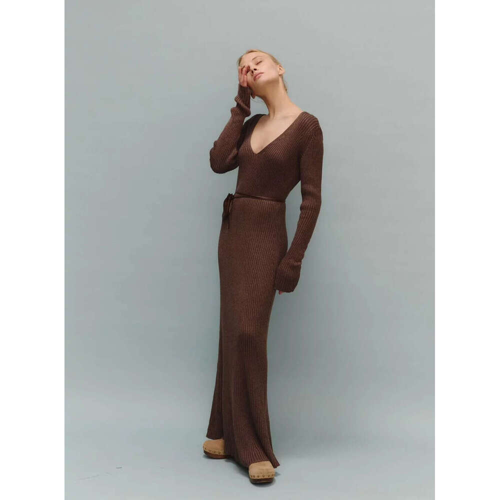Elegant Black Knitted Maxi Dress Solid Long Sleeve Plunging V Neck Women Fall Winter Sweater Bodycon Jumper Dresses