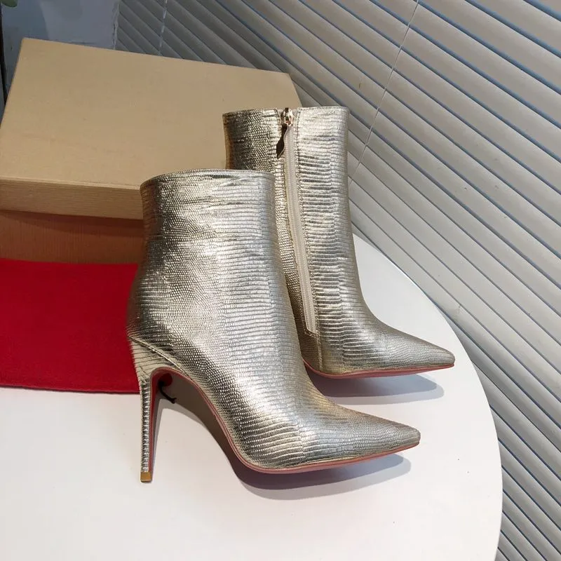 High quality Gold Ankle Fashion Boots Pointed toe Side Zip Stiletto heels 10cm Glitter Boots Women Luxury Designer Leather Sole Factory Shoes Size 34-41 with Box