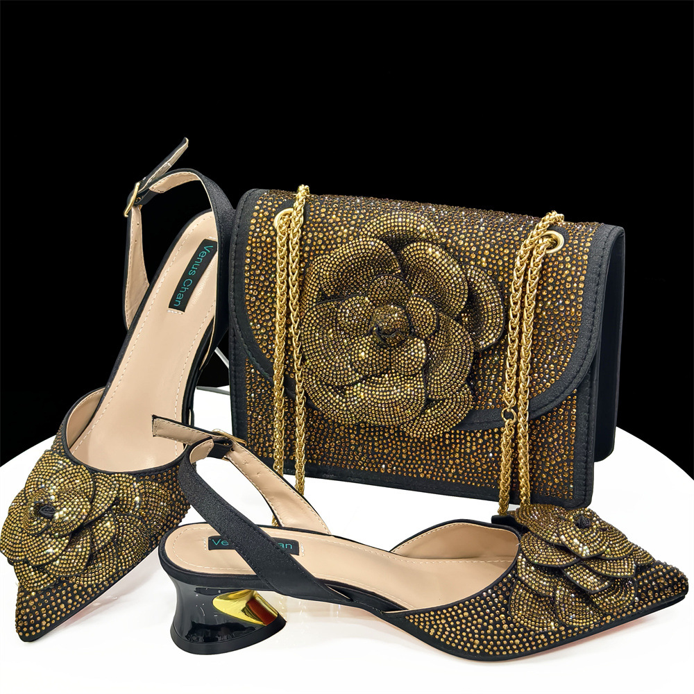 Pointed high heels paired with square shoulder bag with floral decoration for women's shoe bag set