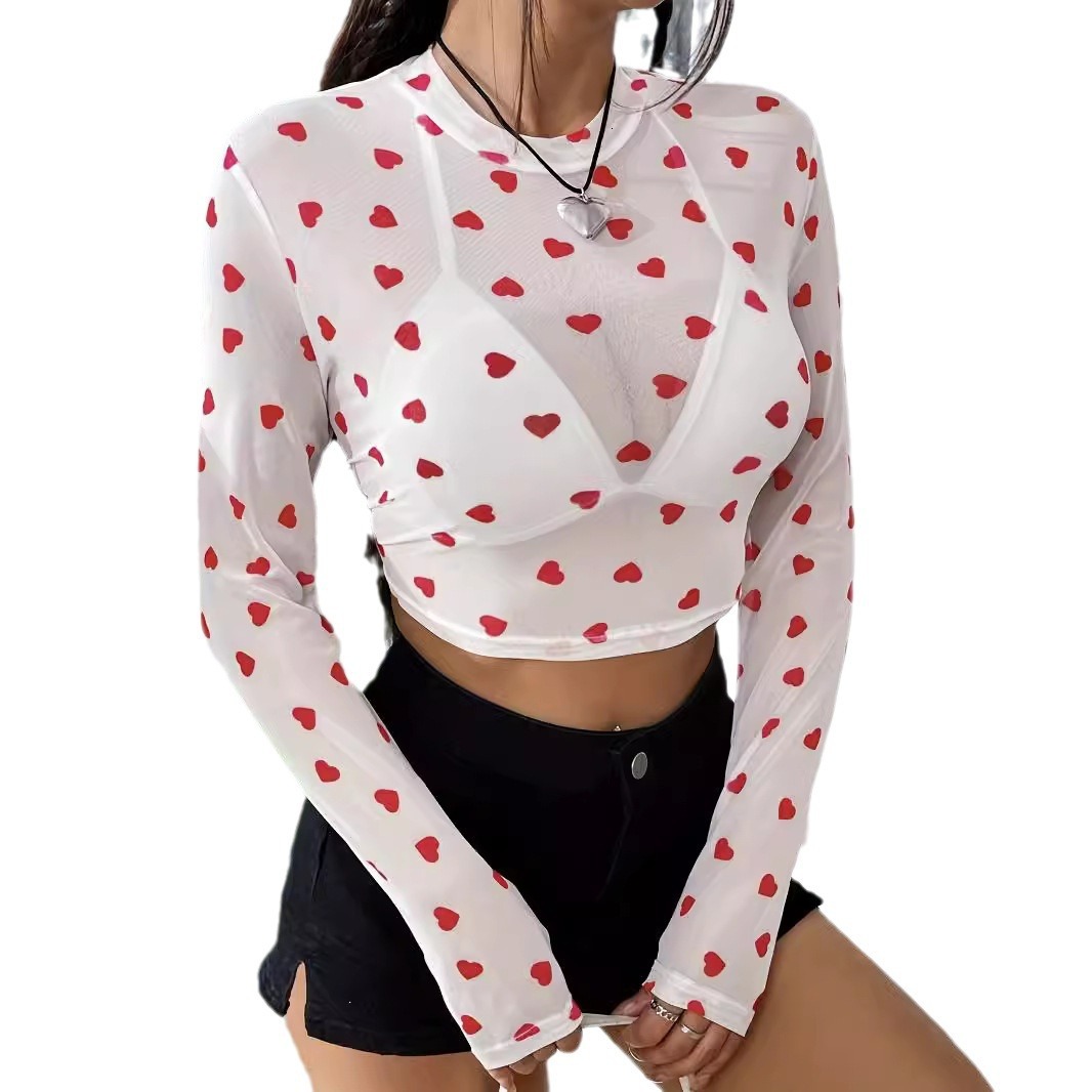 Designer's autumn and winter elegant special mesh printed heart round neck long sleeved T-shirt for slimming women