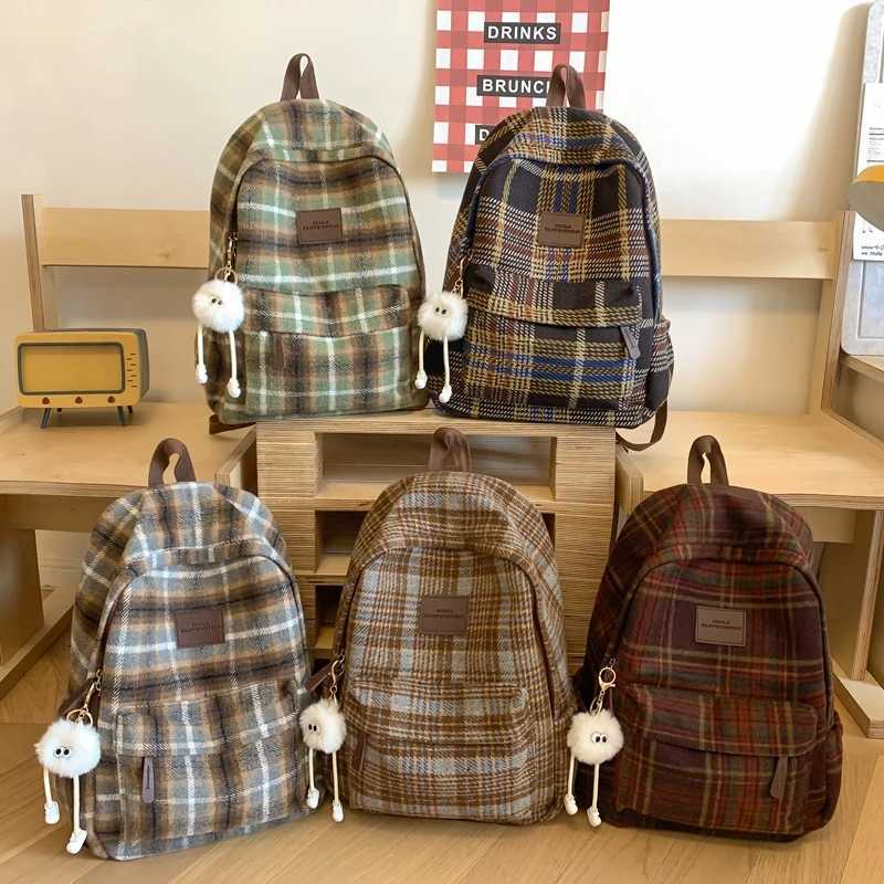 CMM New Fashion Plaid Woollen Women Backpack Student Book Bag Backpacks for Teenage Girls School Bags Large Capacity Travel Rucksack 241030