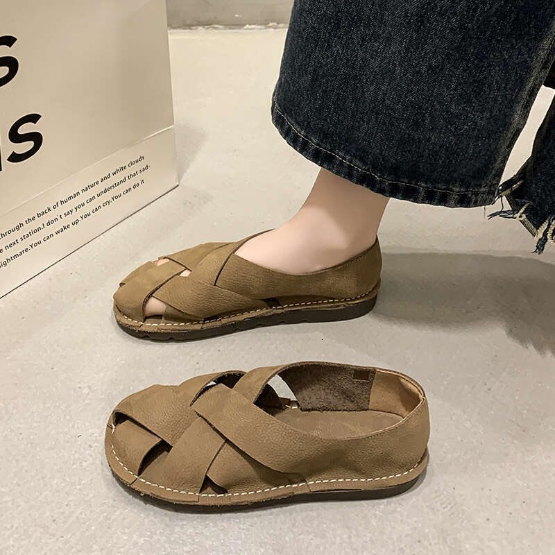 2024 leather Women's Sandals Top Layer Cowhide Handmade Woven Women casual Flats the retro art mori girl shoes
