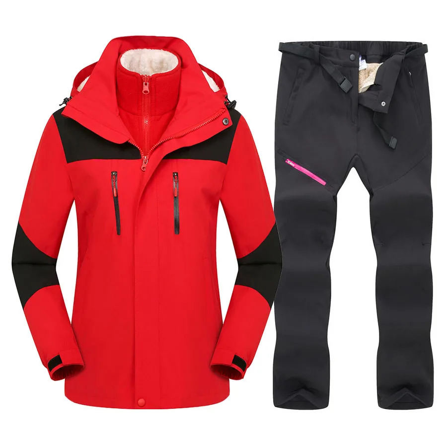 Womens Skiwear Winter Warm Skiing Hoodie Set Windproof and Waterproof 3in1 Jacket Pants Ski Board Snow Clothing 241008