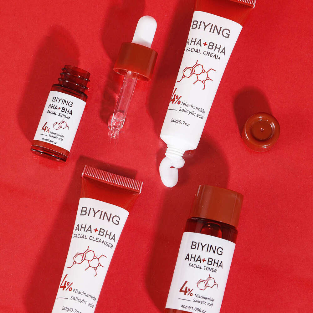 AHA+BHA Series Skin Care Set 4pcs Facial Toner Serum Cream Foam Cleanser Essentials Korean Beauty