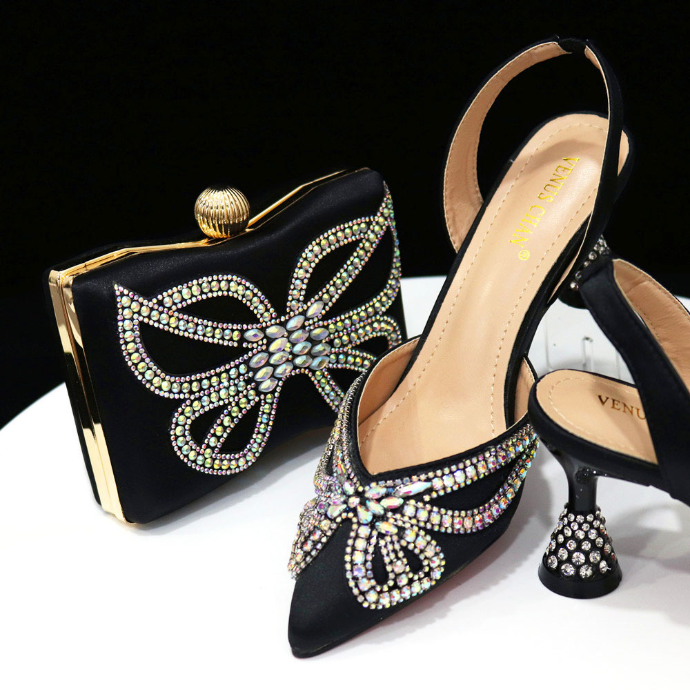 African pointed women's shoes and trapezoidal rhinestone bags popular in Nigeria