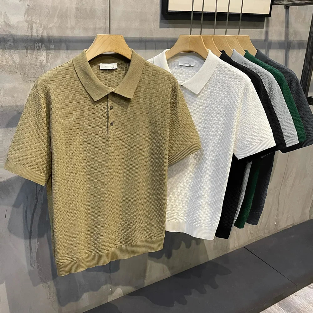 Spring Summer Knit Solid Color Plaid Texture Lapel Loosefit Polo Light Mens Breathable Casual Shirt Trendy 241029