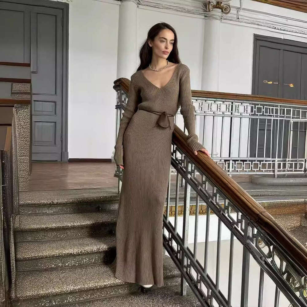 Elegant Black Knitted Maxi Dress Solid Long Sleeve Plunging V Neck Women Fall Winter Sweater Bodycon Jumper Dresses