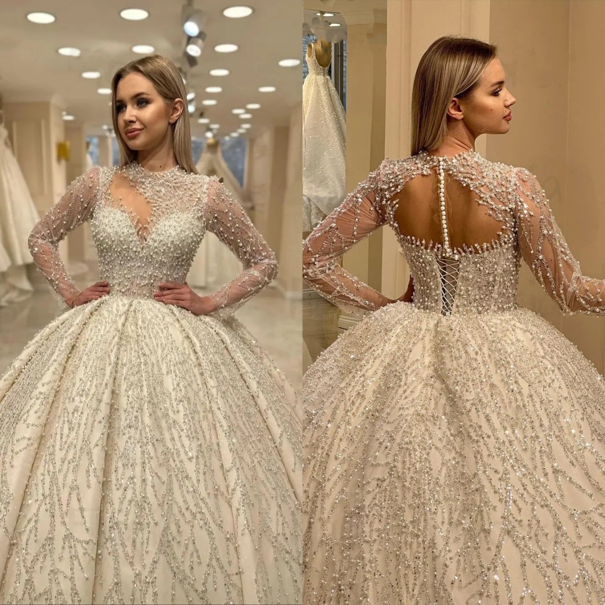 Gorgeous Wedding Dresses Pearls Bride Gown Long Sleeve Dress Illusion Sequins Lace Up Sweep Train Custom Made Vestidos De Novia 0218