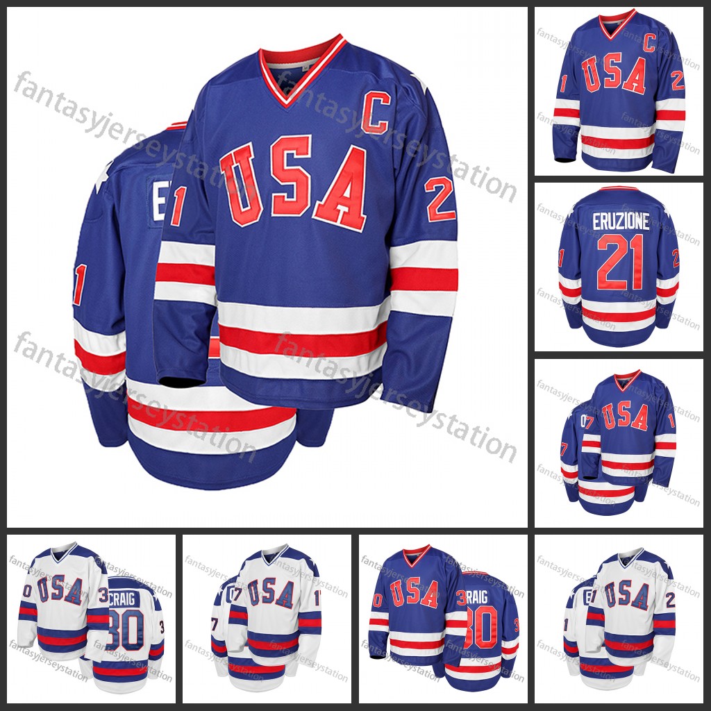 Men's 1980 USA Ice Hockey Jerseys 21Eruzione 30Craig 17Ocallahan Blue White Alternate Embroidery Breathable Sweat-wicking Shirt For Training In S