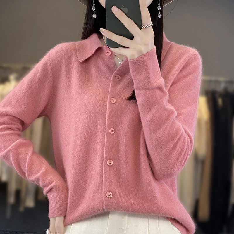100% Mink Cashmere POLO Collar Womens Sweater Cardigan Solid Color Thick warm Cardigan Sweater For Women Autumn/Winter 241029