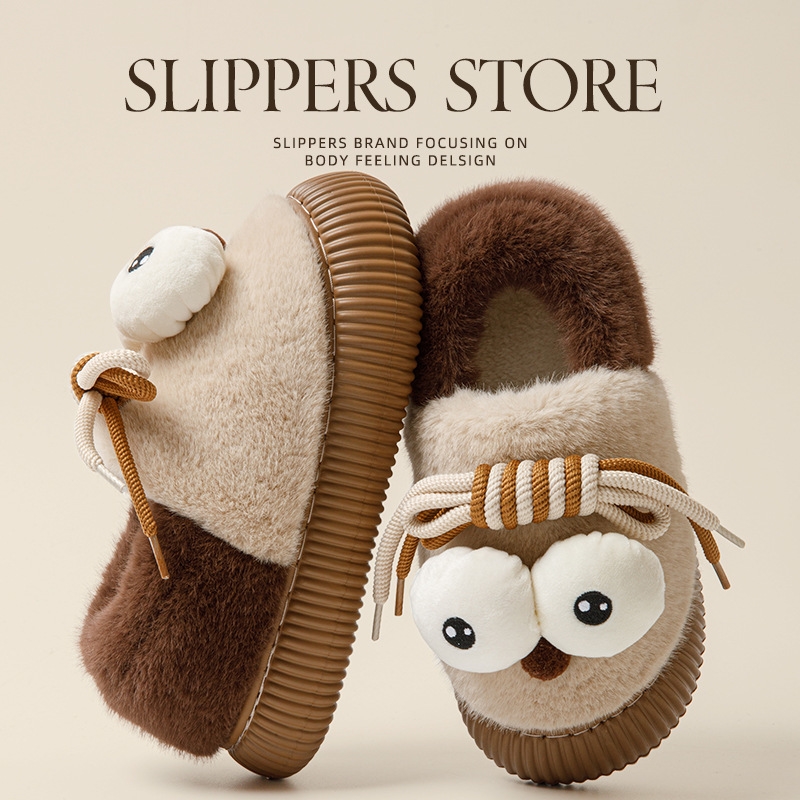 NEW hot 2024 New Large Eyes Veet Shoes for Women, Autumn and Winter Thick Bottom Warm Cartoon Versatile Bag with Rice White Cotton Slippers, Free Ship