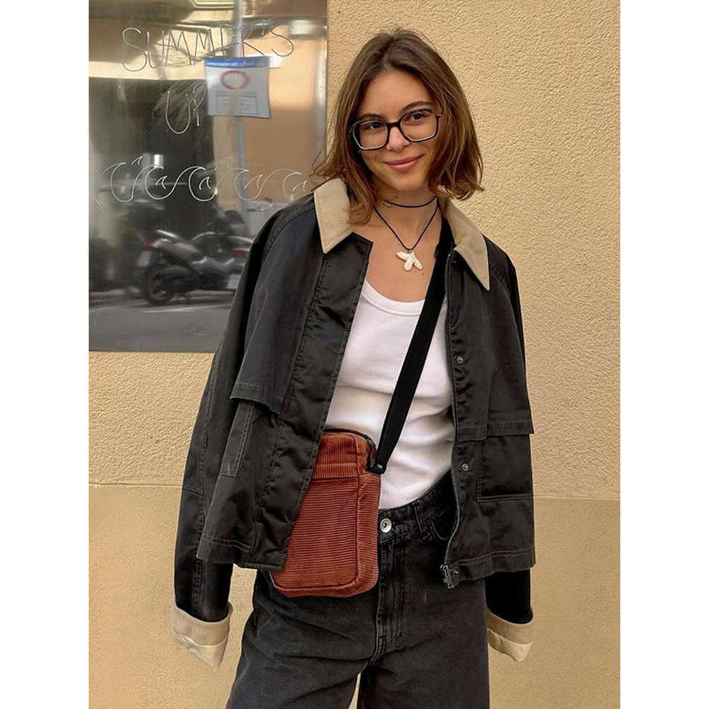 2024 New Women's Cargo Jackets Vintage Long Sleeve Patchwork Outwear With Pocket Street Style Punk Loose Casual Top Coats