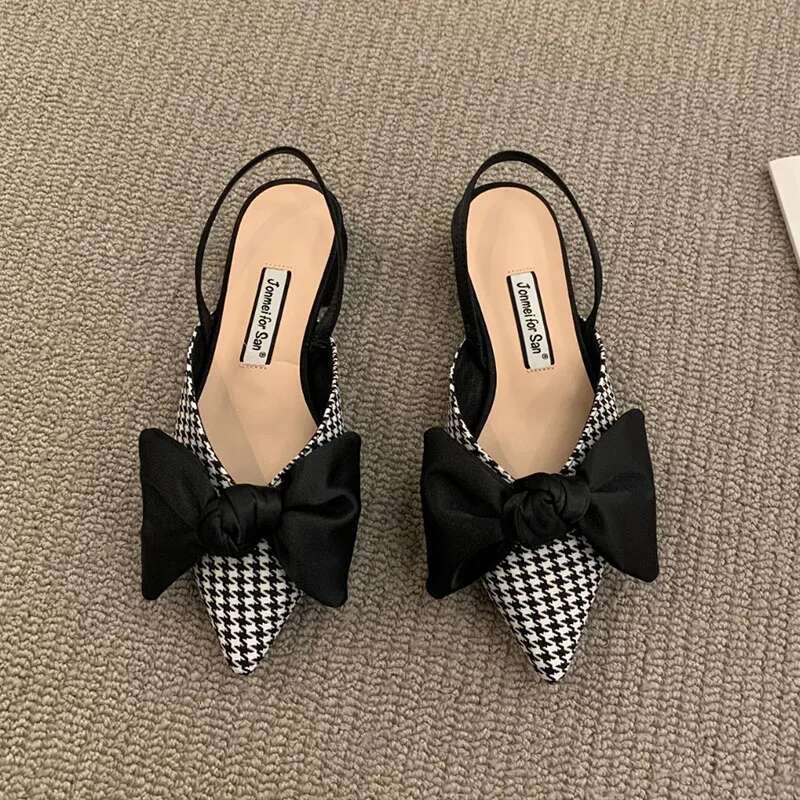 Women's Fashion Pointed Toe Bowknot Sgbac Pumps Plaid Polka Dots Heels Slip-on Small Heel Sandals Casual Thin Shoes