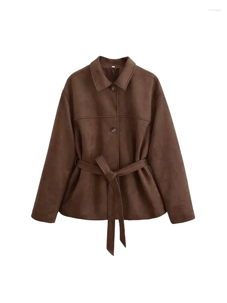 Women's Jackets Fashion Women Belt Suede Jacket Single Button Long Sleeve Crop Coat Casual Brown Lapel Pocket Leather 2024 Outwear
