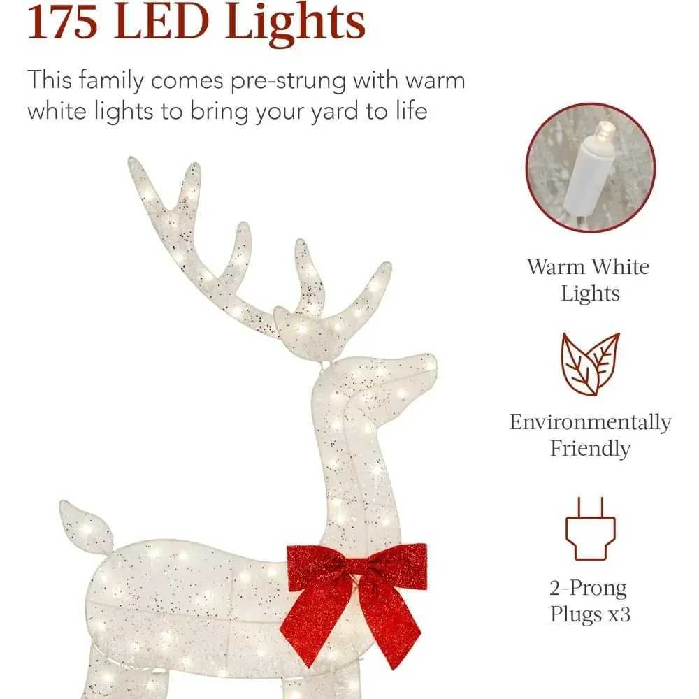 4-foot 3-piece Set of 2D Luminous Christmas Deer Outdoor Reindeer Decoration 175 LED Lights Wooden Stakes Zippers - WhiteXJ241026