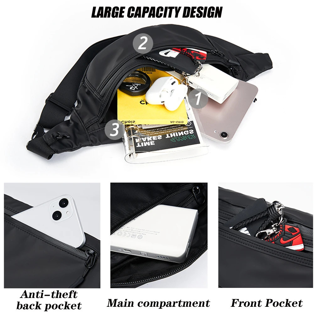 Men Fanny Pack with Antitheft Zip Waterproof Sports Outdoor Sling Bag Adjustable Crossbody Belt for Travel Walk Cycling 241029