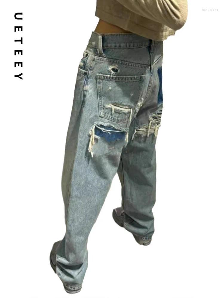 Streetwear Low Waisted Blue Straight Jeans For Women, Vintage Hole Loose Denim Pants