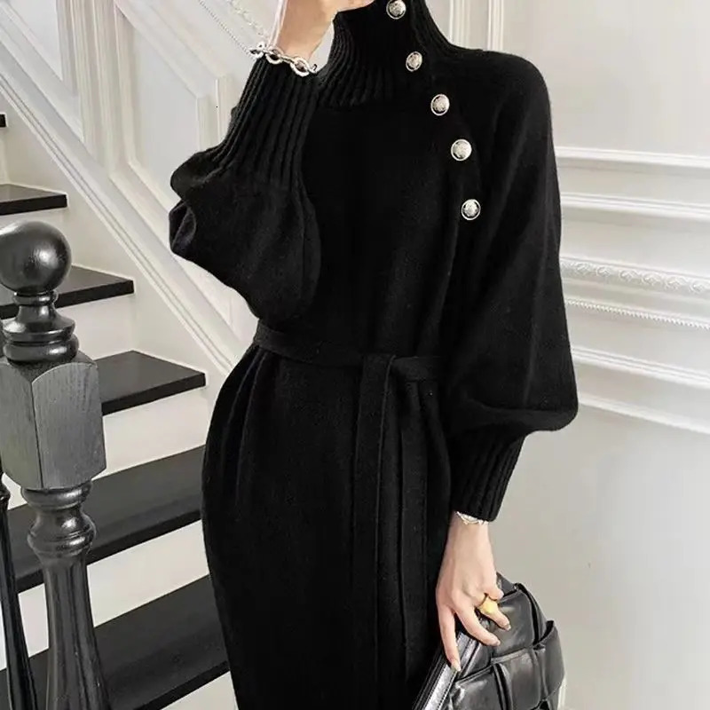 Autumn and winter pullover style French temperament paired sweater inside long over the knee bottom knit dress women 241029