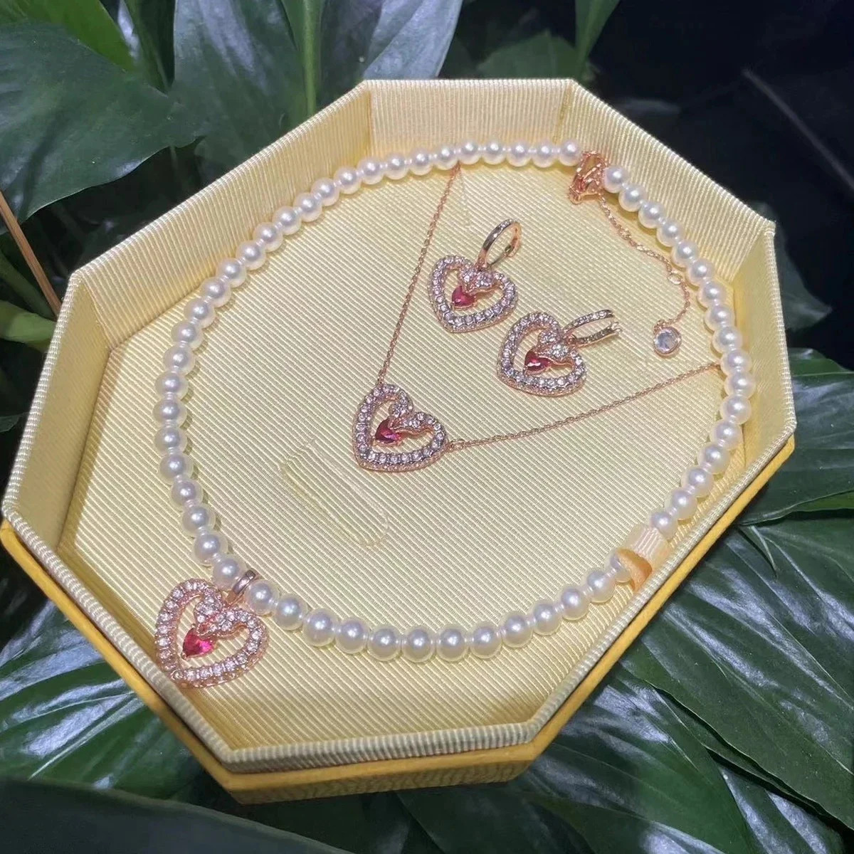 Original 2024 Romantic Party Gift Charming Pink Heart shaped Crystal Pearl Necklace Earrings for Womens High Jewelry Set 241030