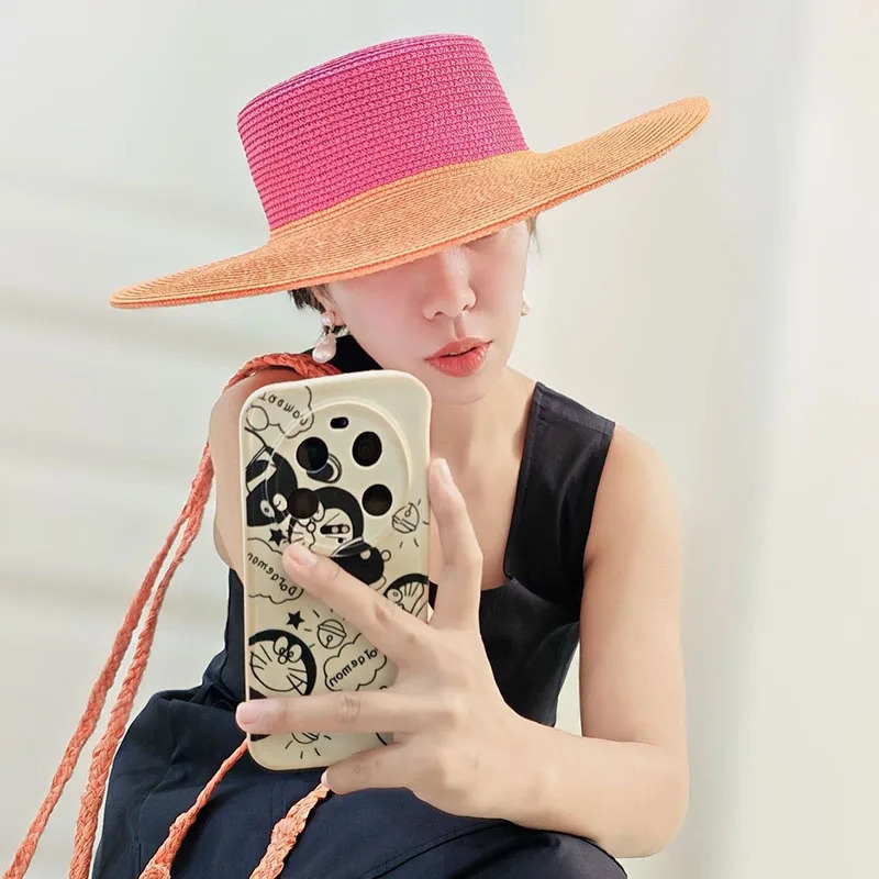 Wide Brim Pink Orange Patchwork Straw Hats Flat Top Boater Hat Ladies Church Wedding Party Hat Derby Vocation Beach Hat 241029