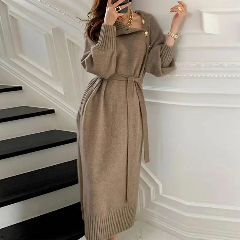 Autumn and winter pullover style French temperament paired sweater inside long over the knee bottom knit dress women 241029