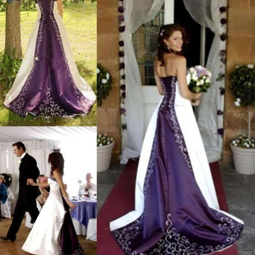 White Vintage Purple Satin Wedding Dresses New Strapless Pao Embroidery Vestido De Novia A line Corset Back Chapel Train Bridal Gowns
