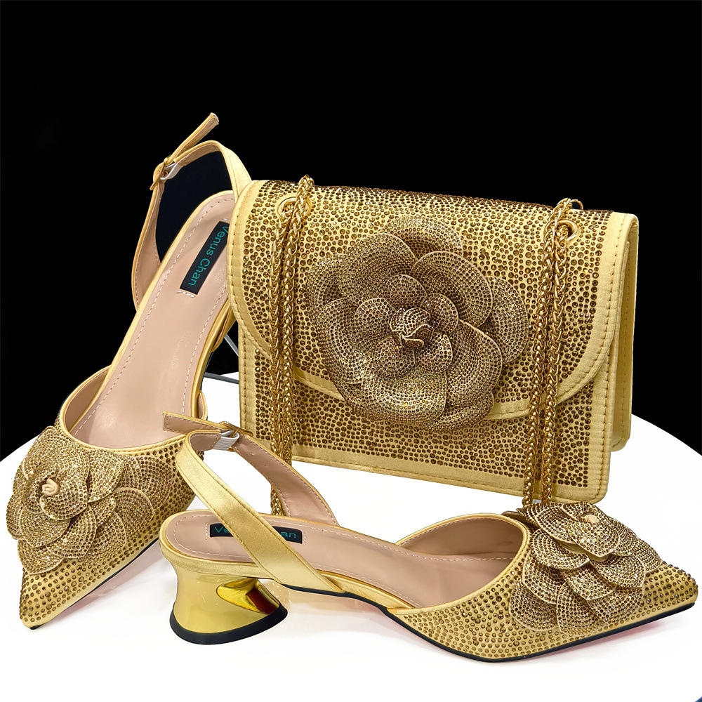 Pointed high heels paired with square shoulder bag with floral decoration for women's shoe bag set