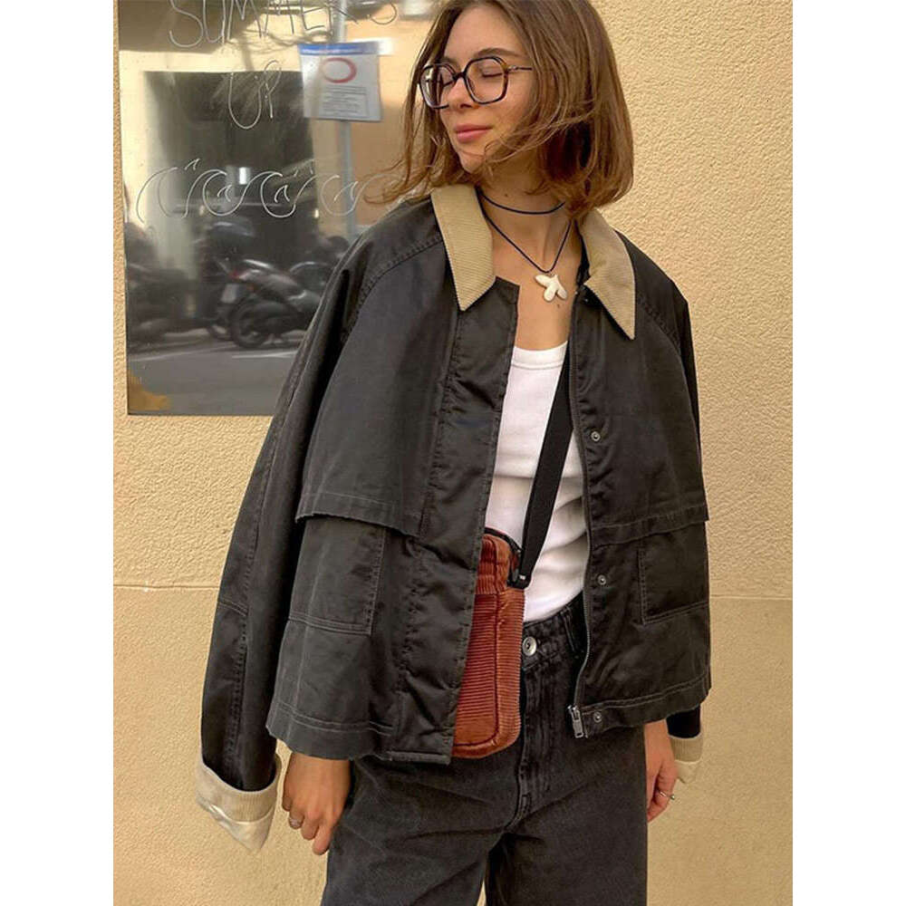 2024 New Women's Cargo Jackets Vintage Long Sleeve Patchwork Outwear With Pocket Street Style Punk Loose Casual Top Coats