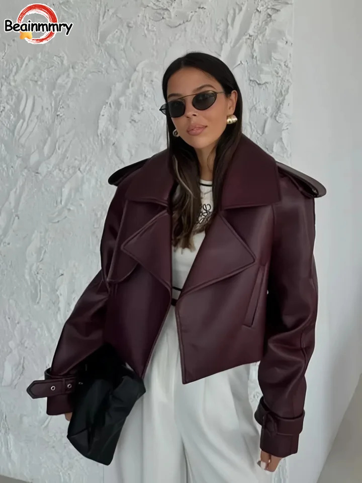 Fashion Burgundy collar womens leather jacket casual loose pocket long sleeved jacket autumn womens high street jacket 241024