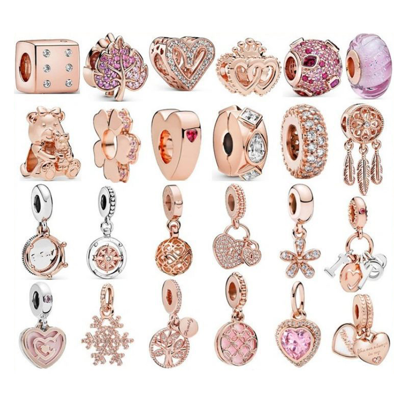 S925 Sterling Silver Designer Rose Gold Color Diamond Heart Pendant Loose Beads Charms Women Fits 3mm Snake Chain Bracelets Birthday Christmas Gift Jewelry B081