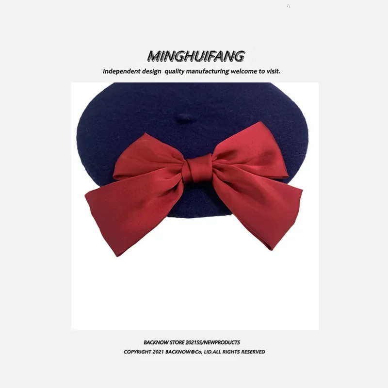 Japanese Wool Big Bow Beret Female Korean Version Autumn and Winter Wild Retro for Feeling Painter Hat 241009