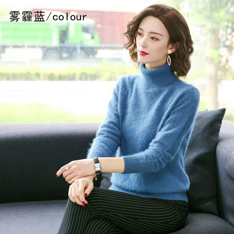 Autumn Winter 100% Mink Cashmere Sweater Women Knitwear Pullover Thick Warm Solid Color Plus Size Base High Lapel Clothing Tops 241029 - view 6