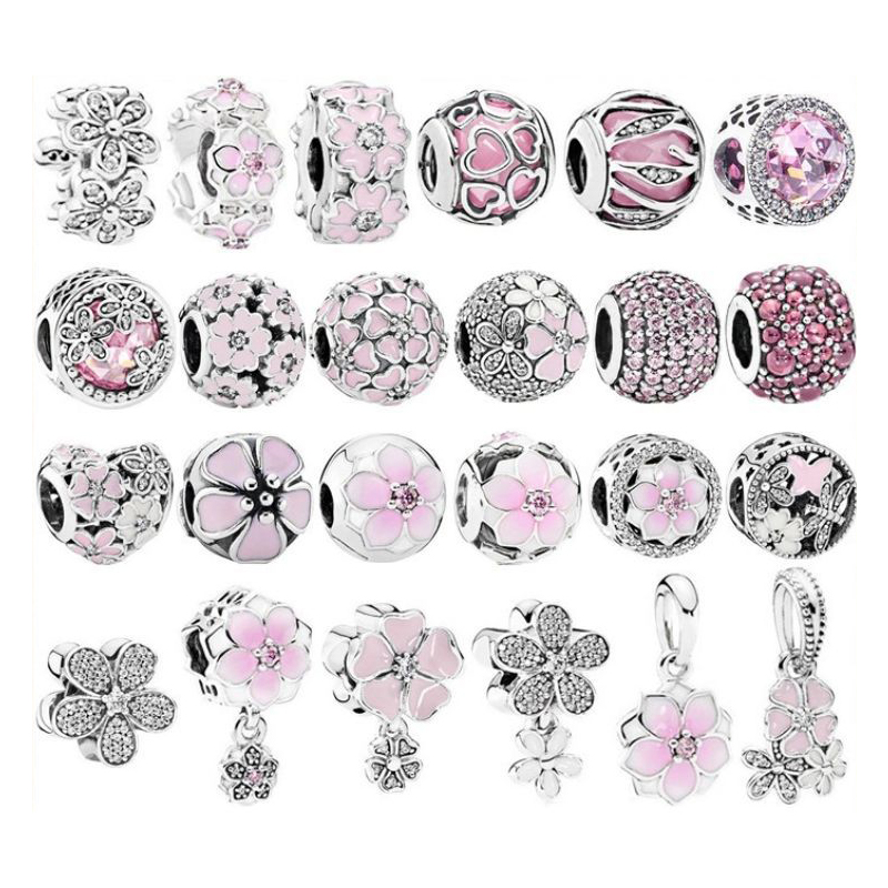 S925 Sterling Silver Designer Pink Flower Heart Diamond Loose Beads Charms Women Fits 3mm Snake Chain Bracelets Birthday Christmas Gift DIY Making Jewelry B080