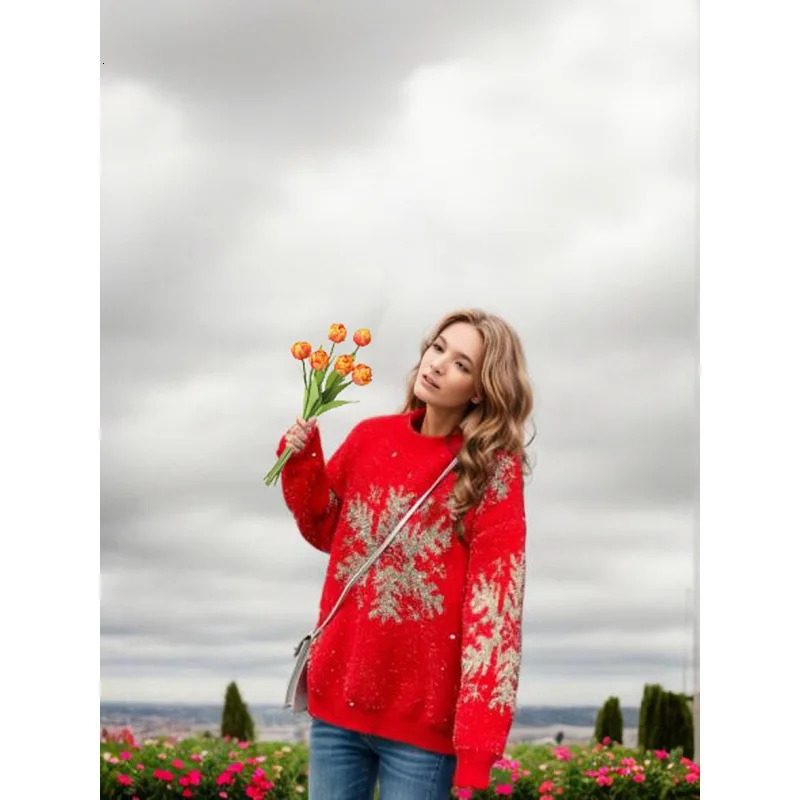 Autumn/Winter Loose Thread Snowflake Christmas Sweater Round Neck Long Sleeve Years Womens Zipper Shirt 241025
