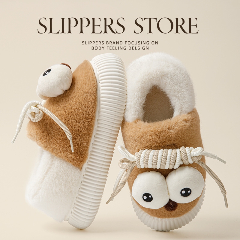 NEW hot 2024 New Large Eyes Veet Shoes for Women, Autumn and Winter Thick Bottom Warm Cartoon Versatile Bag with Rice White Cotton Slippers, Free Ship