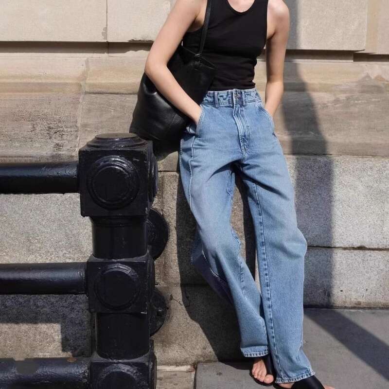 Th~ Row Jeans Women 2024 Spring And Autumn Waist Curved Side Seam Forward To Slim High Straight Leg Casual Pants