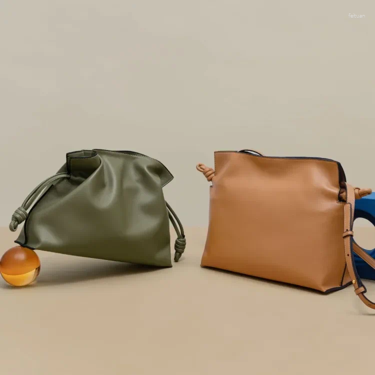 Drawstring Women Casual Large Capacity Bucket Bag Ruffles String Cow Split Leather Shoulder Female Strap Shopping Crossbody Bags Brown 23f1 4