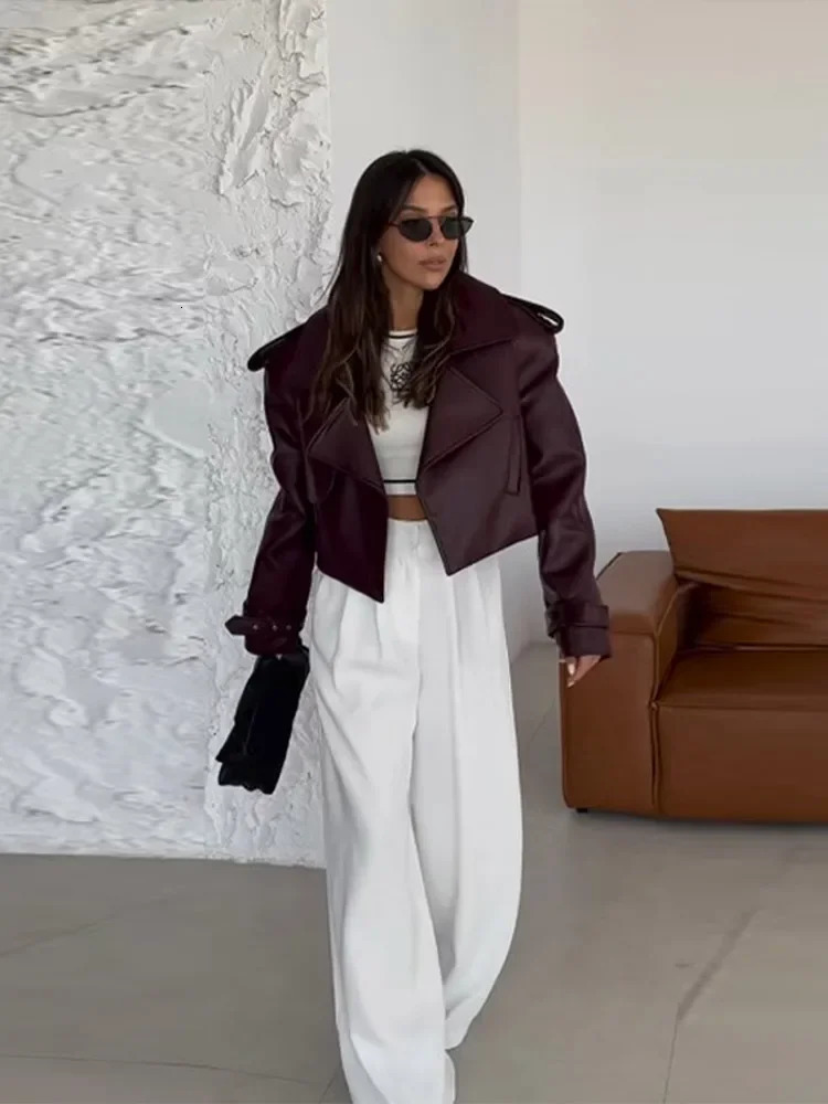 Fashion Burgundy collar womens leather jacket casual loose pocket long sleeved jacket autumn womens high street jacket 241024