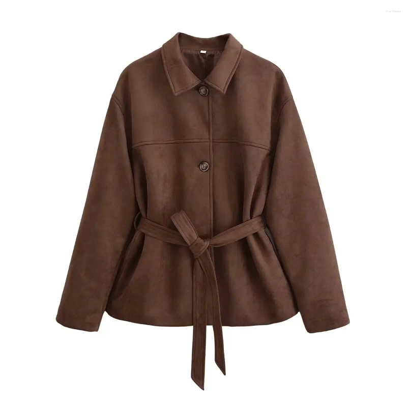 Women's Jackets Fashion Women Belt Suede Jacket Single Button Long Sleeve Crop Coat Casual Brown Lapel Pocket Leather 2024 Outwear