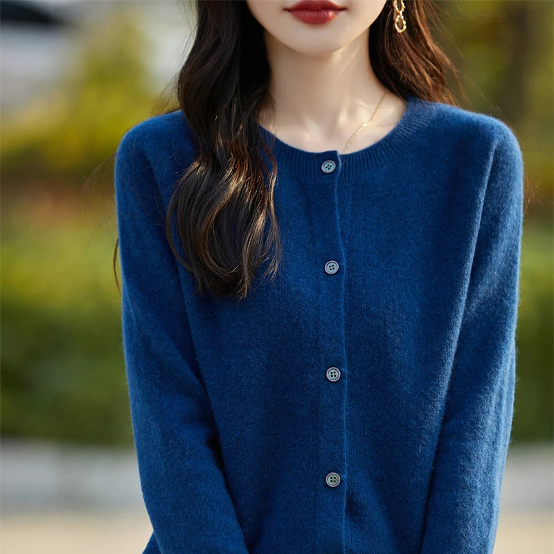 Women 100% Merino Wool Sweater O-neck Long Sleeve Basic Grace Cardigan Spring Autumn Office Lady Clothes Fashion Tops 241029