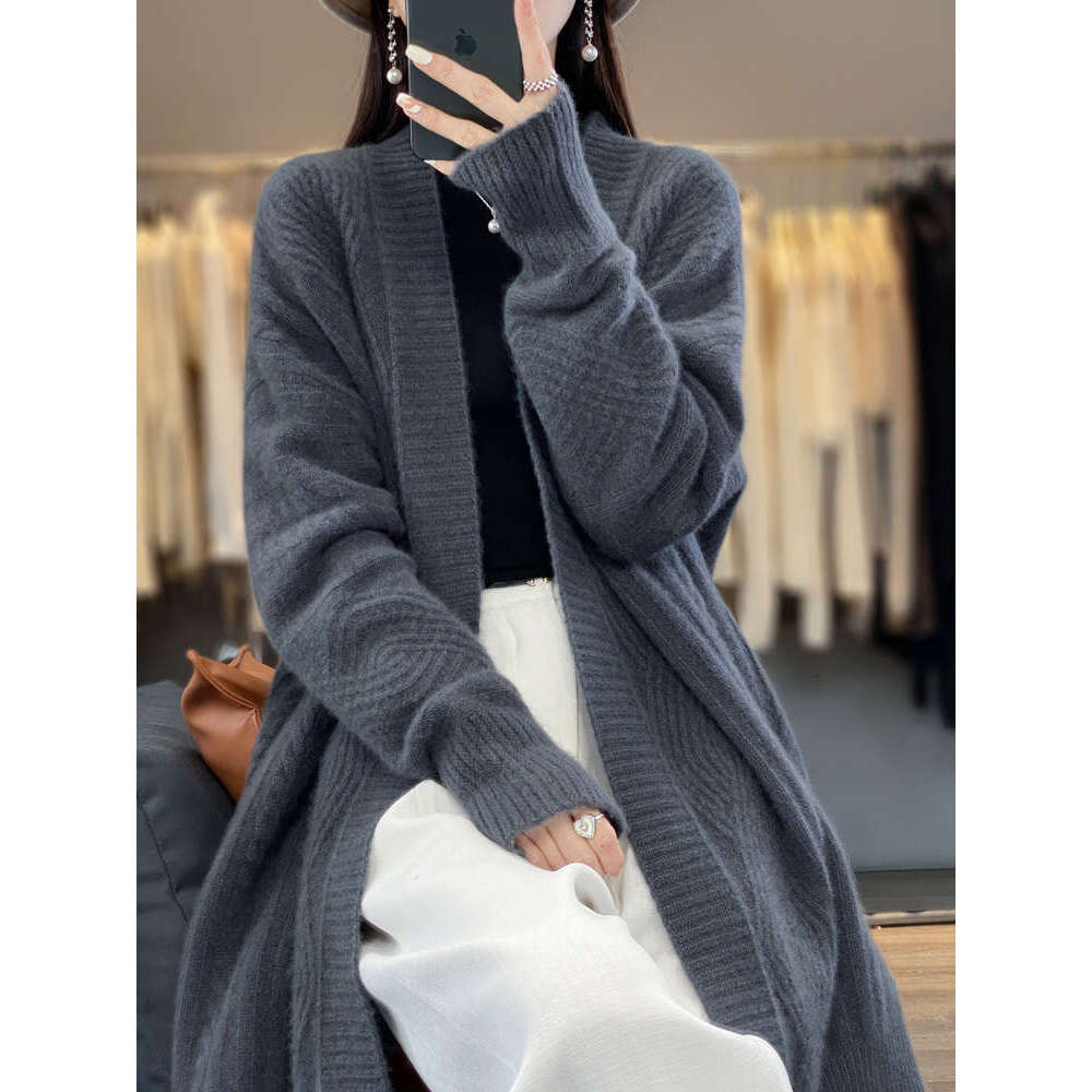 New Women Cashmere Sweater Autumn Winter Thick Long Cardigan 100% Merino Wool V-Neck Knitwear Female Soft Fashion Coat Top