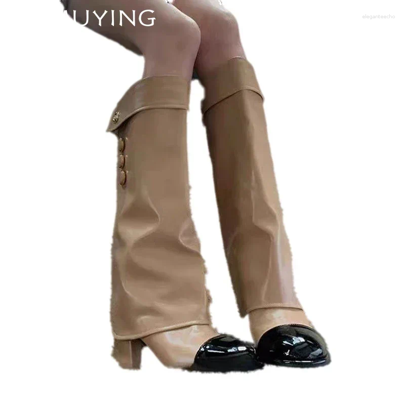 Boots High Heels Woman Designer Brand Chunky Shoes 2024 Trend Winter Snow Leather Pumps Motorcycle Botas Mujer
